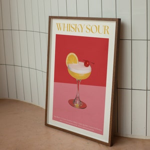 Classic Whiskey Sour Cocktail Poster, Vibrant Bar Art Print, Mixology Decor, Instant Digital Download, Printable Drink Recipe Art