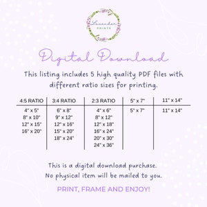 May include: A digital download listing for printable art featuring five different aspect ratios: 4:5, 3:4, 2:3, 5" x 7", and 11" x 14". The listing includes a variety of sizes for each ratio, ranging from 4" x 5" to 24" x 36". The text "Digital Download" is written in a decorative font at the top of the image.