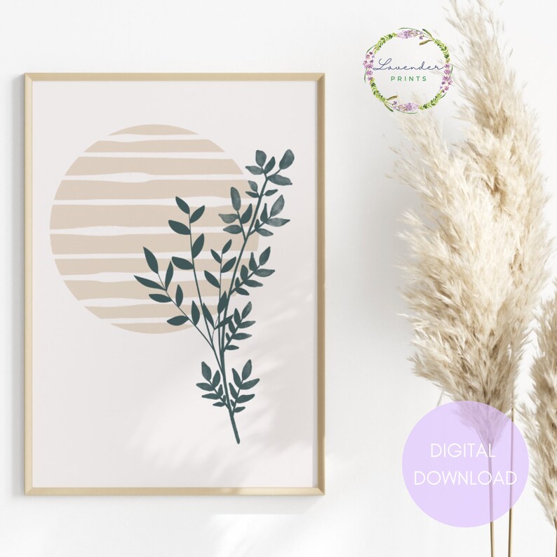 May include: A digital download of a minimalist art print featuring a stylized green plant with a beige and white striped circle in the background.