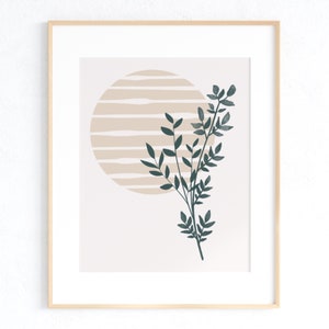 May include: A minimalist art print featuring a stylized green branch with leaves against a background of a beige circle with horizontal stripes.
