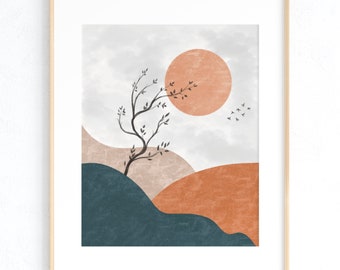 Boho landscape art print, abstract sun boho, printable wall art, digital download, home decor, bedroom wall art, mid-century modern