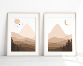 Set van 2 Sun Moon Boho Art, afdrukbare muurkunst, instant download, digitale kunst, doe-muurkunst, interieur, boho kunst aan de muur, midden van de eeuw modern