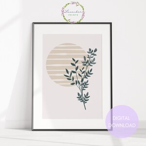 May include: A digital download of a minimalist art print featuring a stylized sun with horizontal stripes in beige and a green leafy branch on a light pink background.