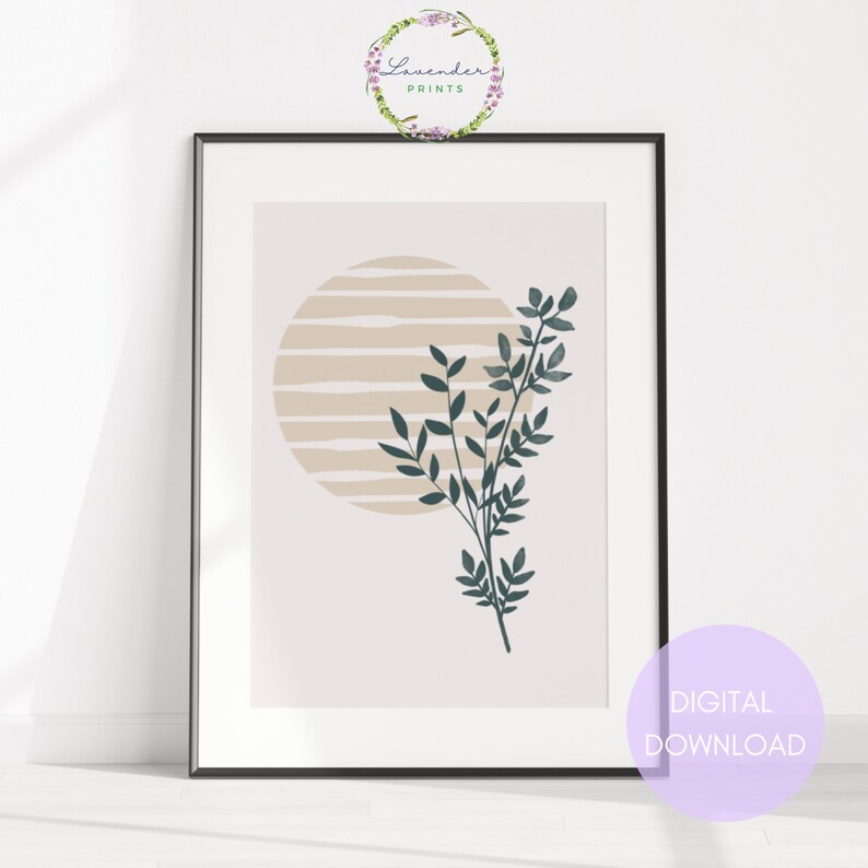 May include: A digital download of a minimalist art print featuring a stylized sun with horizontal stripes in beige and a green leafy branch on a light pink background.