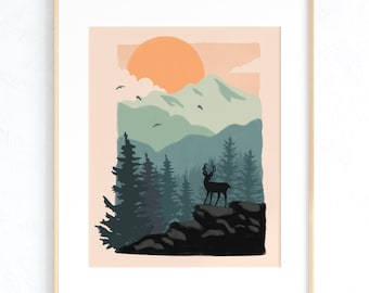 Abstrakte Landschaft Kunst, Berg Hirsch Landschaft, druckbare Kunst, digitaler Download, Mid Century Modern Wandkunst