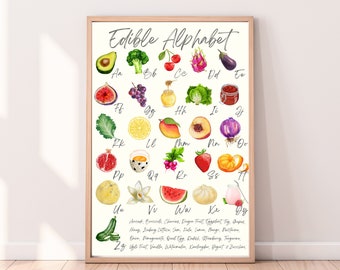 May include: A framed print titled "Edible Alphabet" features watercolor illustrations of fruits and vegetables, each paired with a letter of the alphabet. The artwork includes avocado, cherries, dragon fruit, and more, with a list of the edible items below.