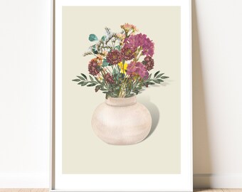 May include: A framed print of a bouquet of flowers in a white vase. The flowers are pink, purple, yellow, and white. The background is a light green color.