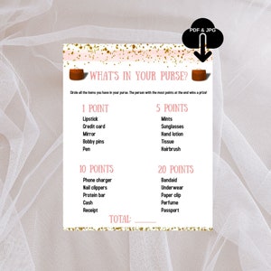 What&#39;s In Your Purse Game Bridal Shower Game Bride to Be Printable Instant Download Blush Pink Gold Game