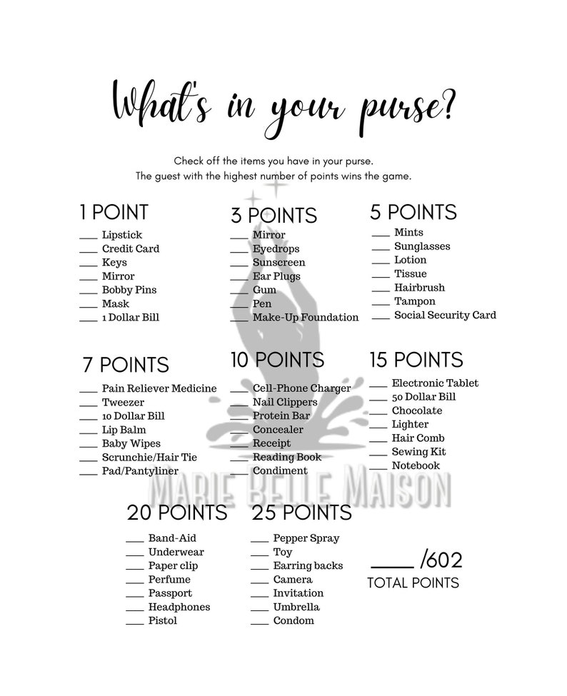 What's in Your Purse Printable Adult Game for Bridal Etsy
