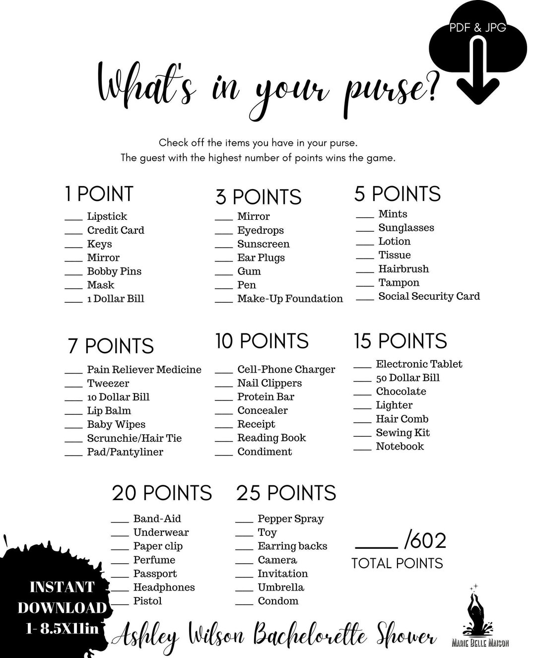 What's in Your Purse Printable Adult Game for Bridal Etsy