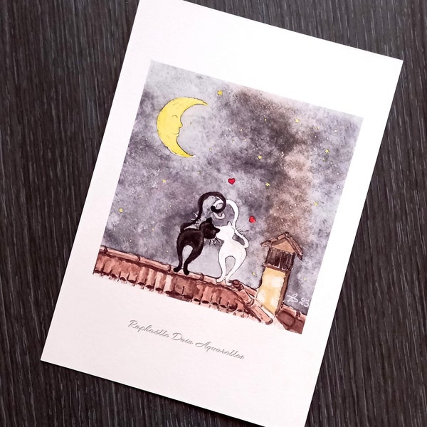 Two cats on a roof look at the moon, A5 illustration type card "Fly me to the moon"