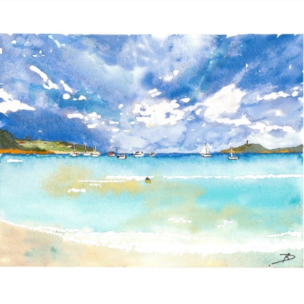 Paysage marin d'une plage en Corse par temps couvert, "Pinarellu" Impression d'Art Aquarelle