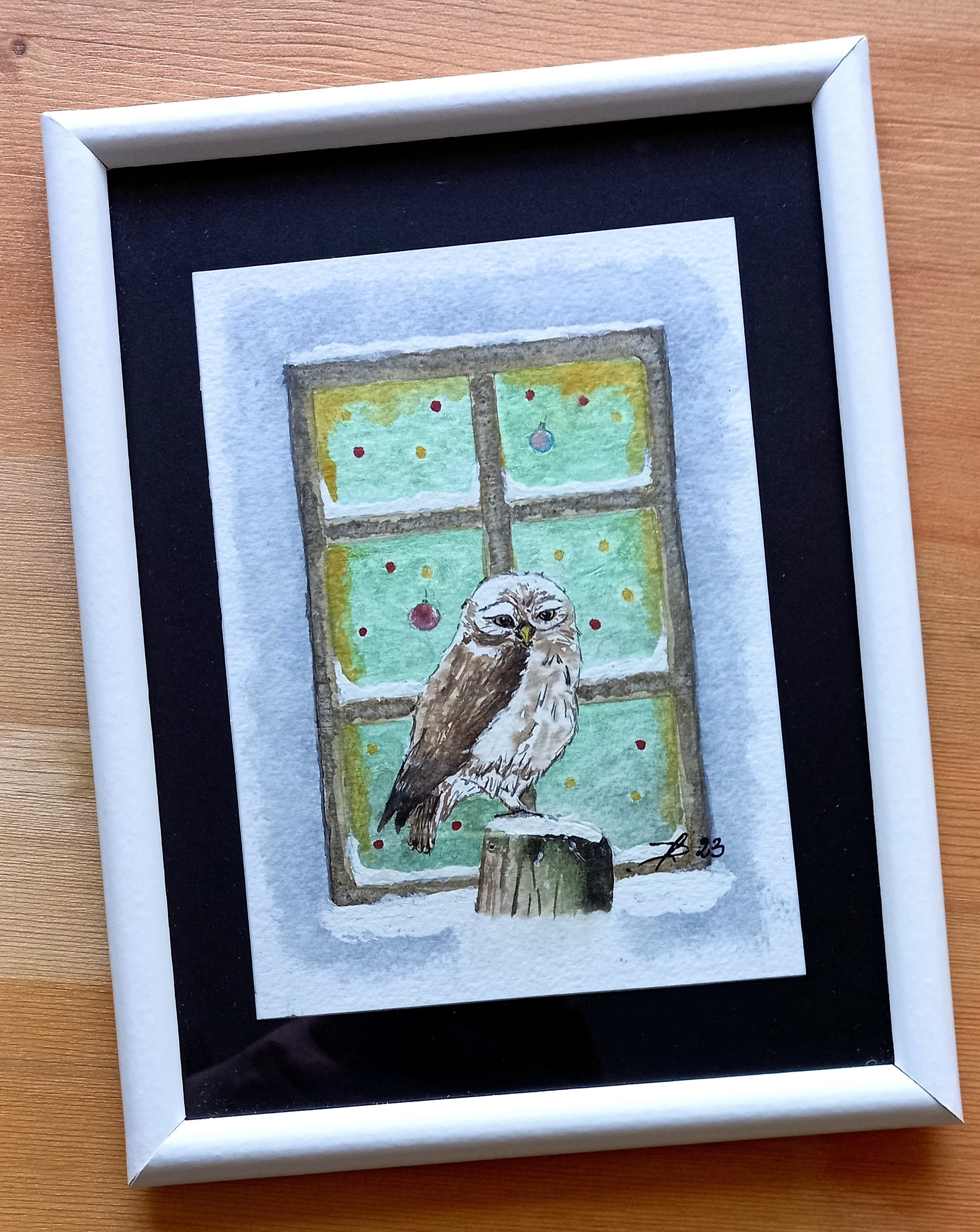 Aquarelle originale hiboux de No&euml;l