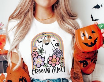 Groovy Ghost Halloween Shirt, Rainbow shirt, Retro Spooky Season Tee shirt, Groovy Ghoul tshirt, Gift for Hippie Mama, Hippie Vibe shirt