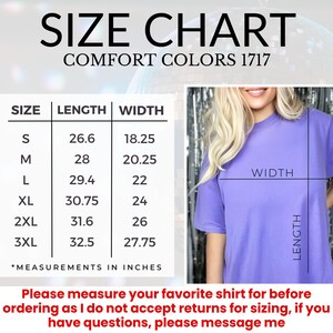 May include: Size chart for t-shirts with measurements in inches. The chart shows sizes S through 3XL with corresponding length and width measurements. The text "COMFORT COLORS 1717" is at the top of the chart.