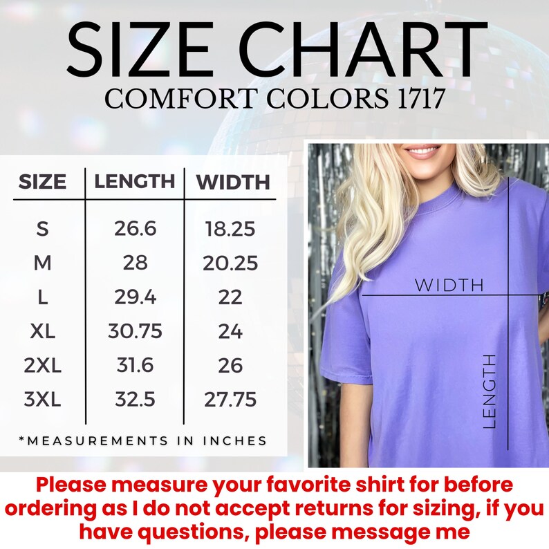 May include: Size chart for t-shirts with measurements in inches. The chart shows sizes S through 3XL with corresponding length and width measurements. The text "COMFORT COLORS 1717" is at the top of the chart.