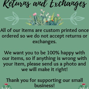 May include: A green background with the text "Returns and Exchanges" in a handwritten font. The text explains the shop's return policy, emphasizing custom printing and customer satisfaction. Decorative cactus illustrations are included.