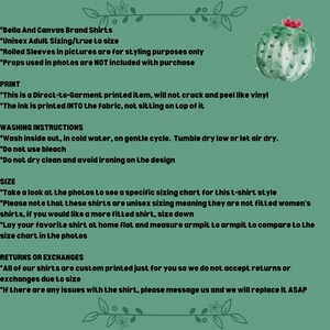 May include: A green background with white text detailing shirt specifications, including brand, sizing, print method, washing instructions, and return policy. A watercolor cactus illustration is in the upper right corner.