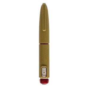 May include: A gold-colored medical device with a textured finish. The device has a red base and a clear window displaying numerical markings. The top is rounded and the device is designed for medical use.
