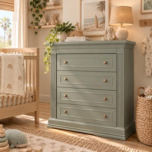 May include: A sage green wooden dresser featuring four horizontal drawers with small round brass-toned knobs. The piece has vertical fluted detailing along the side panels and a thick base molding, providing a structured look for a nursery room.