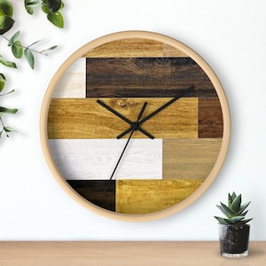 Farmhouse Wood Wall Clock, Faux Wood, 10-inch Round Wall Clock, Wood Floor Wall Clock, Wood Pattern, Wood Floor Pattern