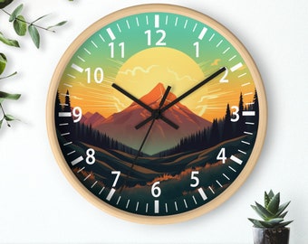May include: A wooden wall clock with a mountain landscape design. The clock face features a yellow sun, green hills, and a dark mountain range. The numbers are white and the hands are black.