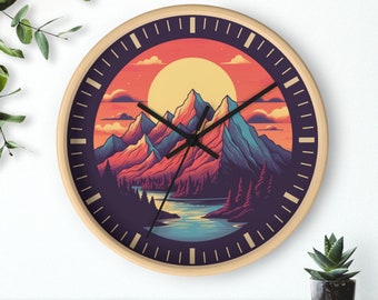 May include: A round clock with a wooden frame and a colorful mountain landscape design. The clock face features a black clock hand and a white background with a dark blue outer ring.