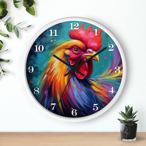Rooster Wall Clock, Unique Wall Clock, Office Wall Clock, Quiet Wall Clock, Colorful Clock, Colorful Rooster