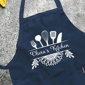 Custom Name Navy Apron: Personalized Kitchen Apron with Pockets