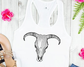 Boho Cow Skull Tank Top: Western Cowgirl Summer Style