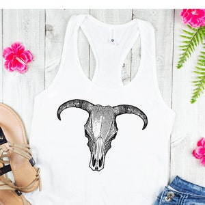 Boho Cow Skull Tank Top: Western Cowgirl Summer Style