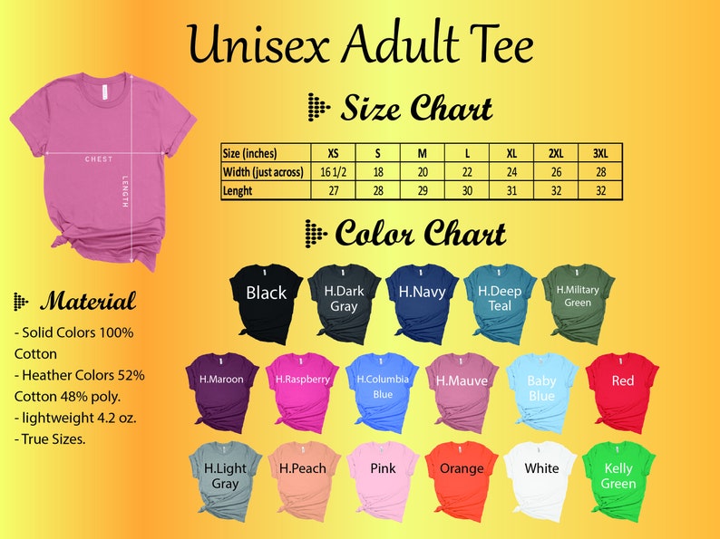 May include: Unisex adult t-shirt size chart with colour options. The chart shows sizes from XS to 3XL with corresponding width and length measurements in inches. The colour chart shows 16 different colours, including black, navy, teal, maroon, raspberry, pink, orange, white, and kelly green.