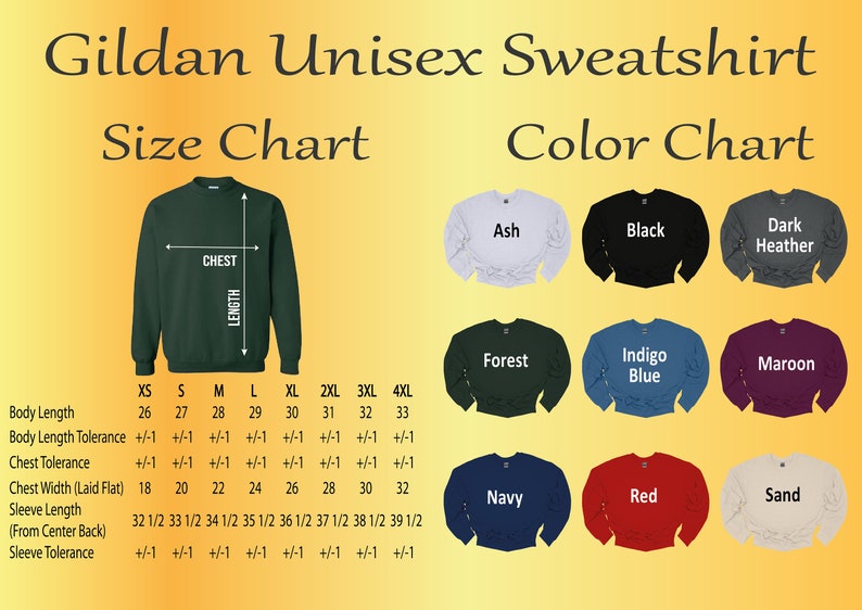 Puede incluir: Imagen de una tabla de tallas y colores de sudadera unisex Gildan. La tabla de tallas muestra medidas de largo de cuerpo, ancho de pecho y largo de manga en cent&iacute;metros. Las opciones de color incluyen Ash, Black, Dark Heather, Forest, Indigo Blue, Maroon, Navy, Red y Sand.