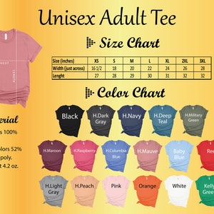 Puede incluir: Tabla de tallas para camiseta unisex para adultos con medidas en pulgadas. La tabla de colores muestra 16 colores diferentes de camisetas, incluyendo negro, azul marino, verde azulado, rojo, rosa y blanco.