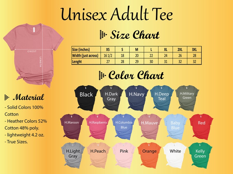 Puede incluir: Tabla de tallas para camiseta unisex para adultos con medidas en pulgadas. La tabla de colores muestra 16 colores diferentes de camisetas, incluyendo negro, azul marino, verde azulado, rojo, rosa y blanco.