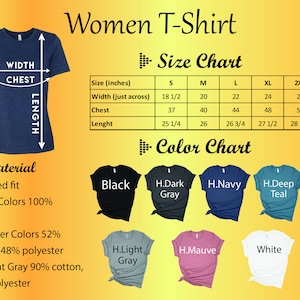 以下が含まれることがあります： インチで測定されたレディースTシャツのサイズチャート。チャートは、S、M、L、XL、2XLのサイズを示しています。カラーチャートは、ブラック、ダークグレー、ネイビー、ディープティール、ライトグレー、モーブ、ホワイトのカラーを示しています。