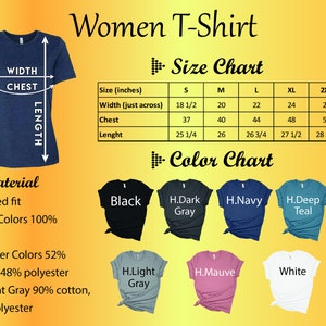 May include: Women's T-shirt size chart with measurements in inches. The chart shows sizes S, M, L, XL, and 2XL. The colour chart shows the following colours: Black, H.Dark Grey, H.Navy, H.Deep Teal, H.Light Grey, H.Mauve, and White.