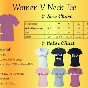 May include: A size chart and colour chart for a women's v-neck tee. The size chart shows measurements in inches for sizes S, M, L, XL, and 2XL. The colour chart shows a white, dark grey, black, peach, light grey, and mauve tee.