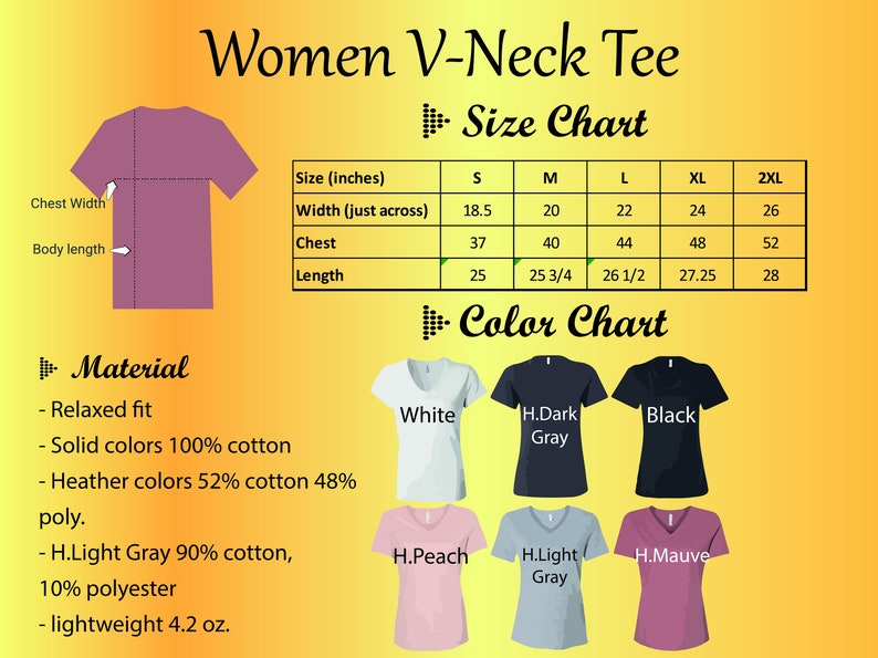 May include: A size chart and colour chart for a women's v-neck tee. The size chart shows measurements in inches for sizes S, M, L, XL, and 2XL. The colour chart shows a white, dark grey, black, peach, light grey, and mauve tee.