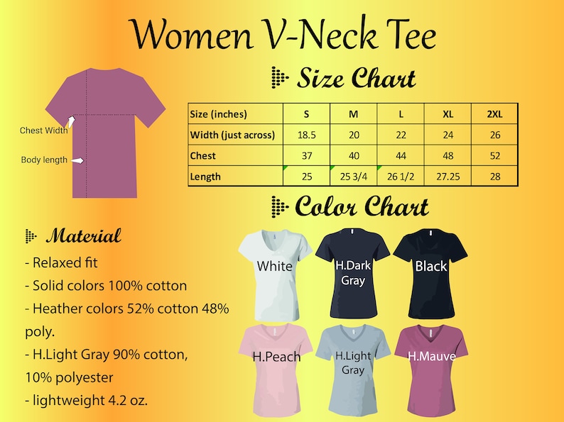 Puede incluir: Tabla de tallas y colores para una camiseta de cuello en V para mujer. La tabla incluye medidas en pulgadas para las tallas S a 2XL, y una tabla de colores con opciones como blanco, negro y malva. El material es de ajuste relajado, los colores lisos son 100% algod&oacute;n.