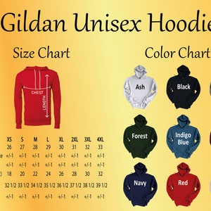 Puede incluir: Imagen de una tabla de tallas y colores de sudadera con capucha unisex Gildan. La tabla muestra una sudadera con capucha roja con medidas y muestras de color en Ash, Black, Dark Heather, Forest, Indigo Blue, Maroon, Navy, Red y Sand.