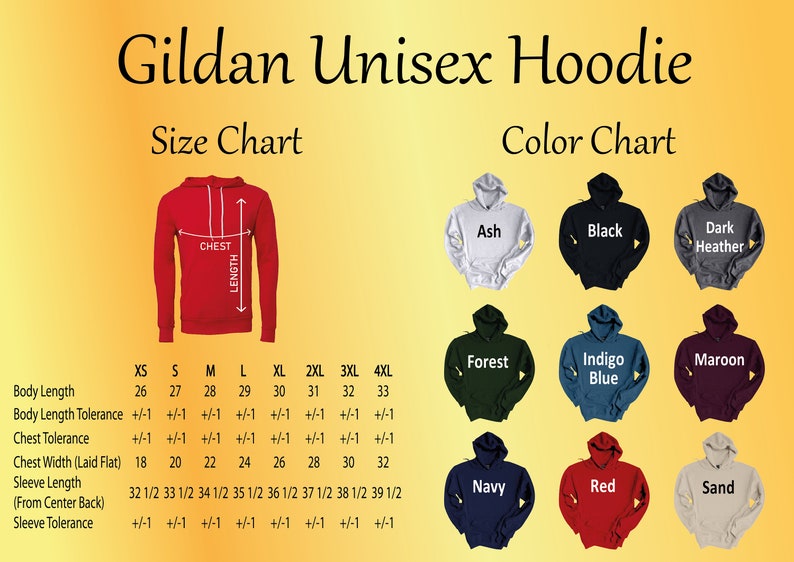 Puede incluir: Imagen de una tabla de tallas y colores de sudadera con capucha unisex Gildan. La tabla muestra una sudadera con capucha roja con medidas y muestras de color en Ash, Black, Dark Heather, Forest, Indigo Blue, Maroon, Navy, Red y Sand.