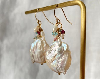 Exclusive 14k Gold Filled big Baroque Pearl Earrings with Multi-Stone Cluster - Elegant Jewelry, wedding earrings, bridal jewelry