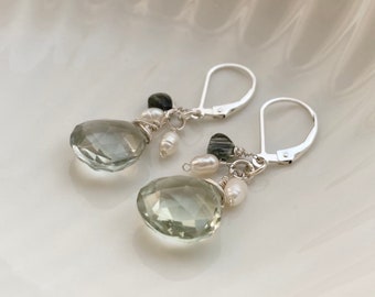 Green Amethyst Dangle & Drop Earrings with Freshwater Pearls and Rutilated Quartz - Sterling Silver 925