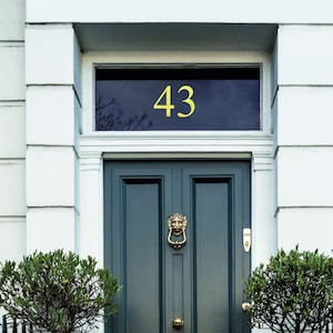 May include: A green front door with a brass door knocker and a gold number "43" above the door. Two potted plants flank the door.