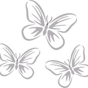 May include: Three gray butterfly silhouettes on a white background.