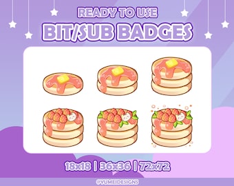 6 süße Pfannkuchen Twitch Sub Abzeichen | Erdbeer Pfannkuchen Badges für Luftschlangen | Food Sub Badge | Bakery Twitch Sub Buttons