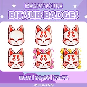 6 Kitsune Masks Twitch Sub Badges | Japanese Twitch Sub Badge - Kitsune Mask | Twitch - Youtube | Fox Sub Badge