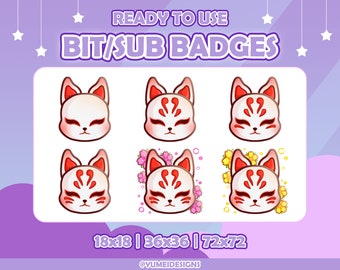 6 Kitsune Masks Twitch Sub Badges | Japanese Twitch Sub Badge - Kitsune Mask | Twitch - Youtube | Fox Sub Badge