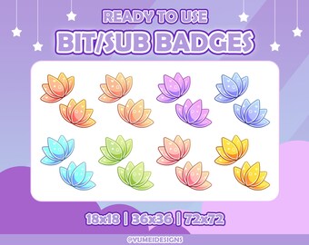 May include: A set of 12 digital badges featuring a stylized lotus flower in various colors, including pink, orange, yellow, green, blue, and purple. The badges are available in three sizes: 18x18, 36x36, and 72x72. The text "READY TO USE BIT/SUB BADGES" is at the top of the image. The text "@YUMEIDESIGNS" is at the bottom of the image.